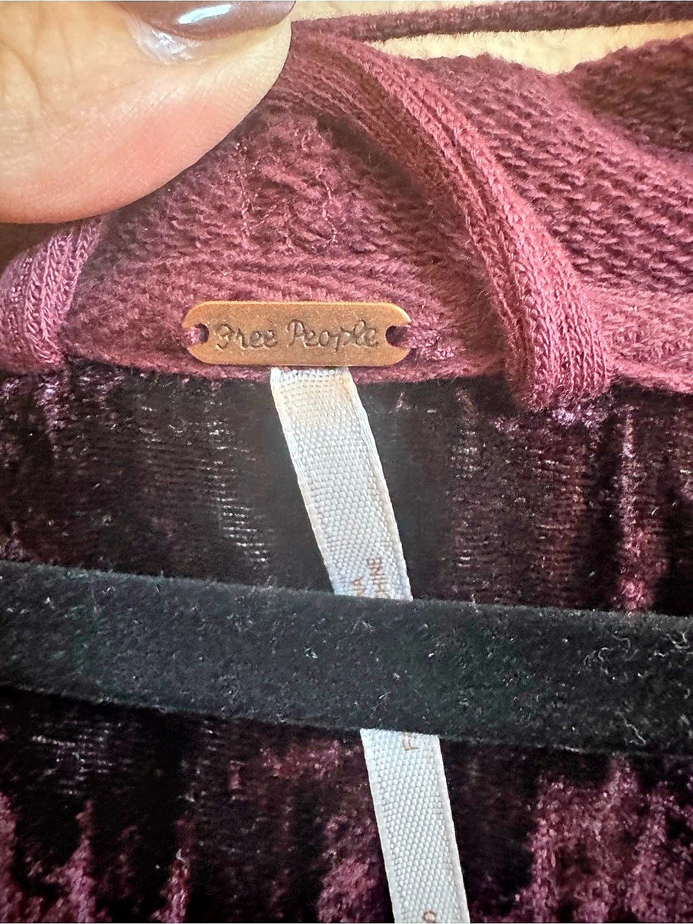 Free People Dark Berry Velvet Trim Hooded Cardigan Jacket NWT Size S - Picture 6 of 16